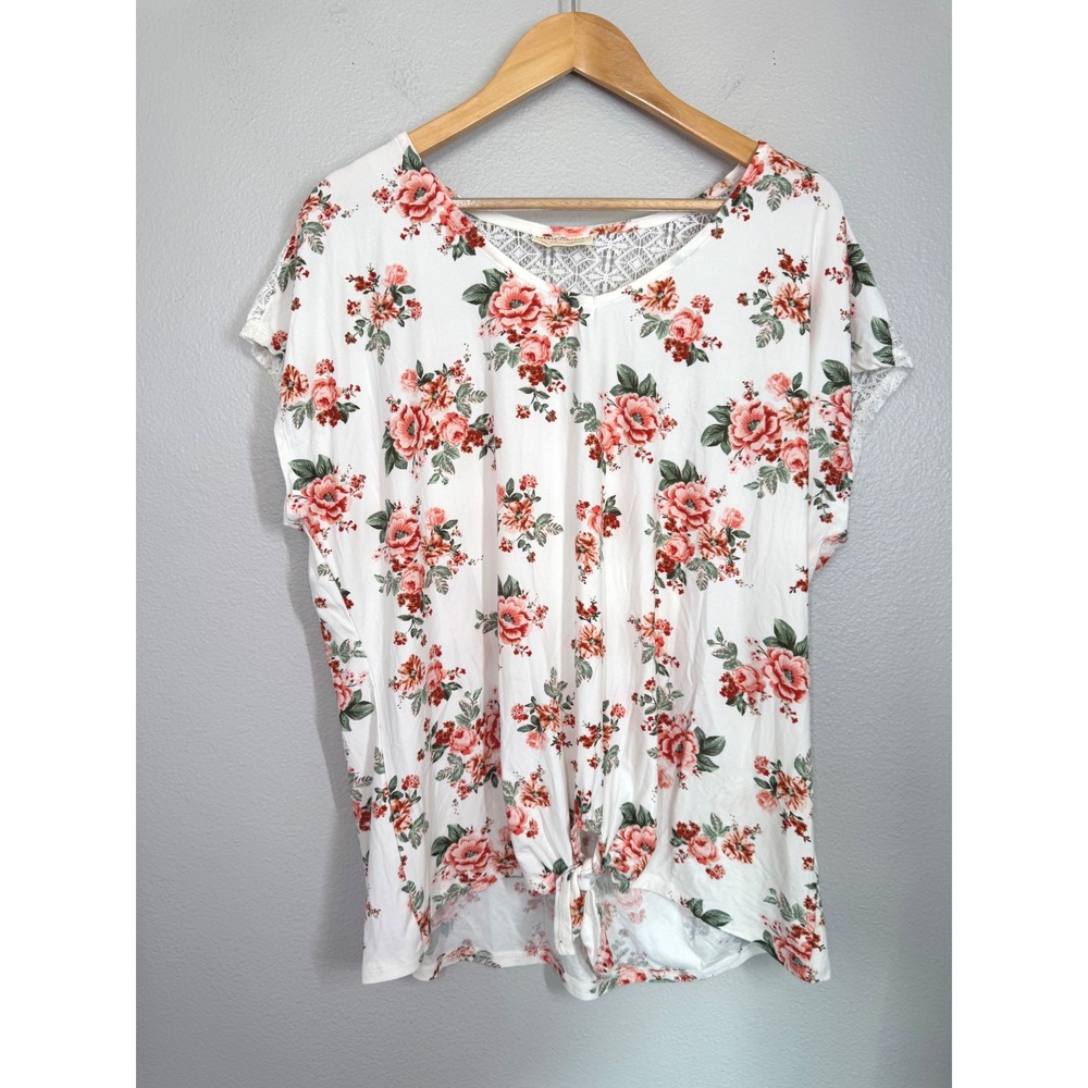Bobbie‎ Brooks Plus Size 2X Floral Tie-Front Top White Coral Pink Lace Trim